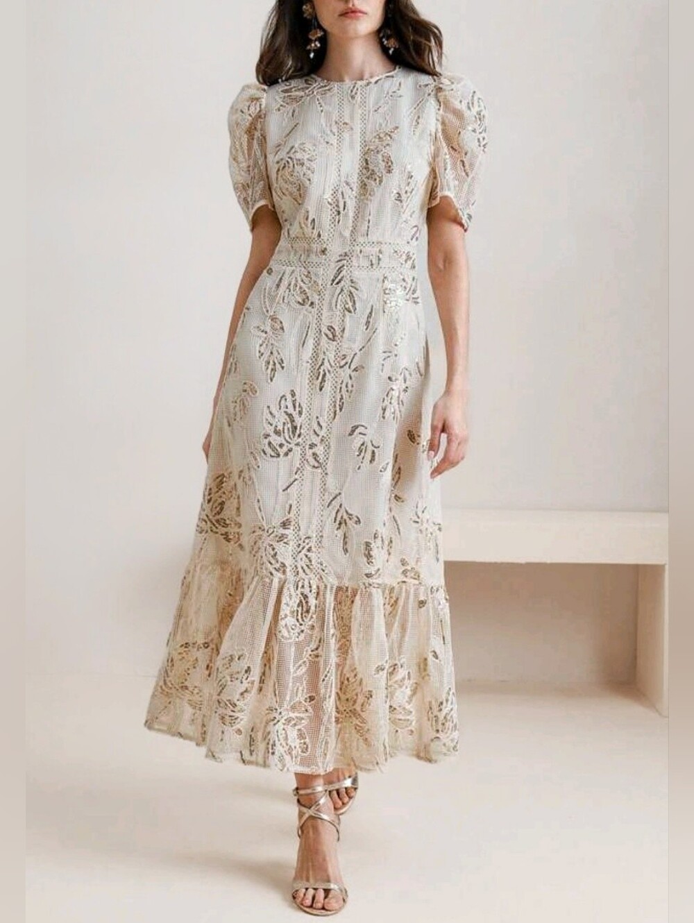New Mesh Sequin Long Dress Puff Sleeve Cream Off White Gold
